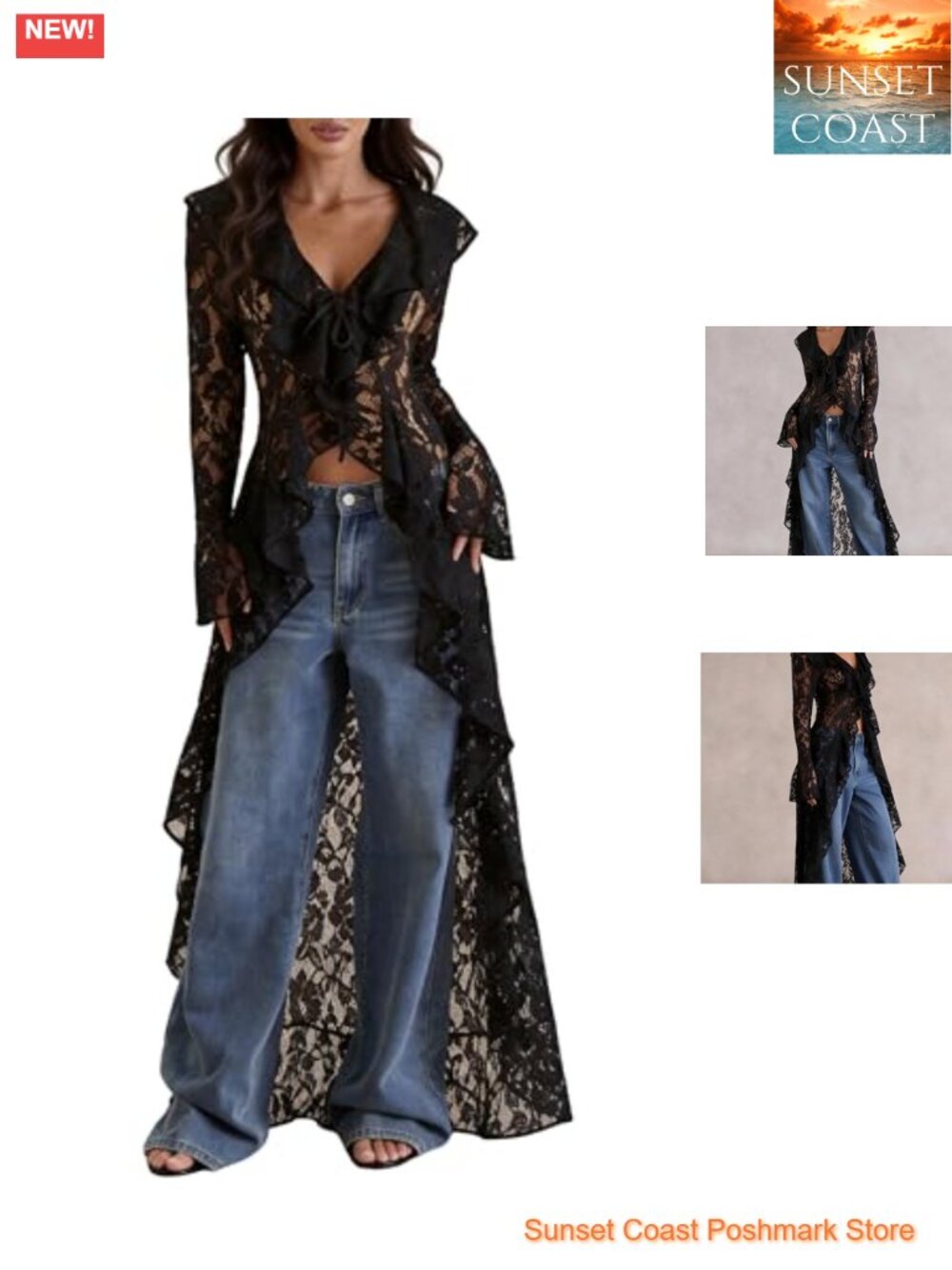 Lace Cardigan Women Maxi Lightweight Open Front Tie Bell Long Sleeve Ruffled - Picture 1 of 7